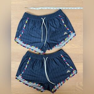 TWO pairs of Tracksmith Van Cortlandt Shorts - Navy Pinstripe/Multi